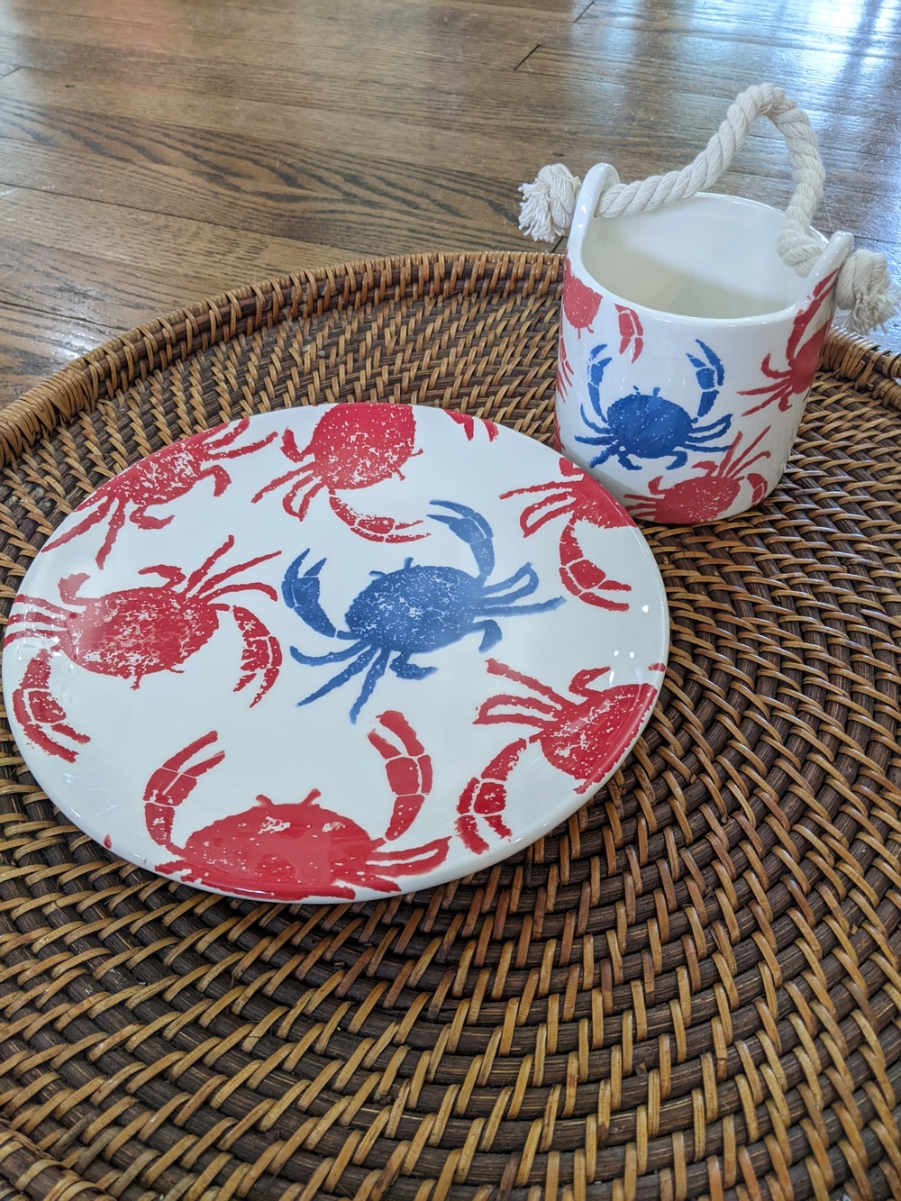 Mud Pie Nautical Crab Pattern Ceramic Plate and Canister - Blue & Red